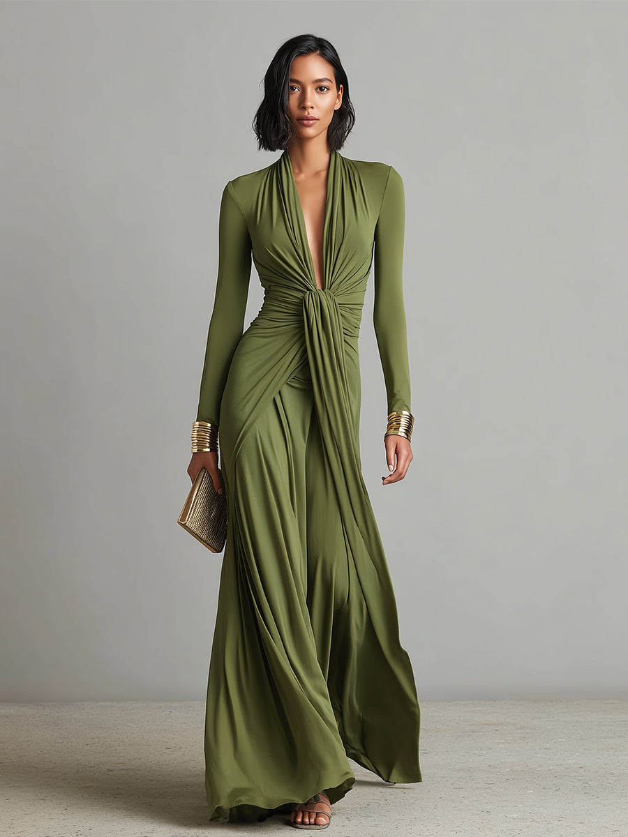 Olive Green Long Silk Stretch Dress with Deep V-Neck and Ruffled Details, Glamour Maxi Dress
