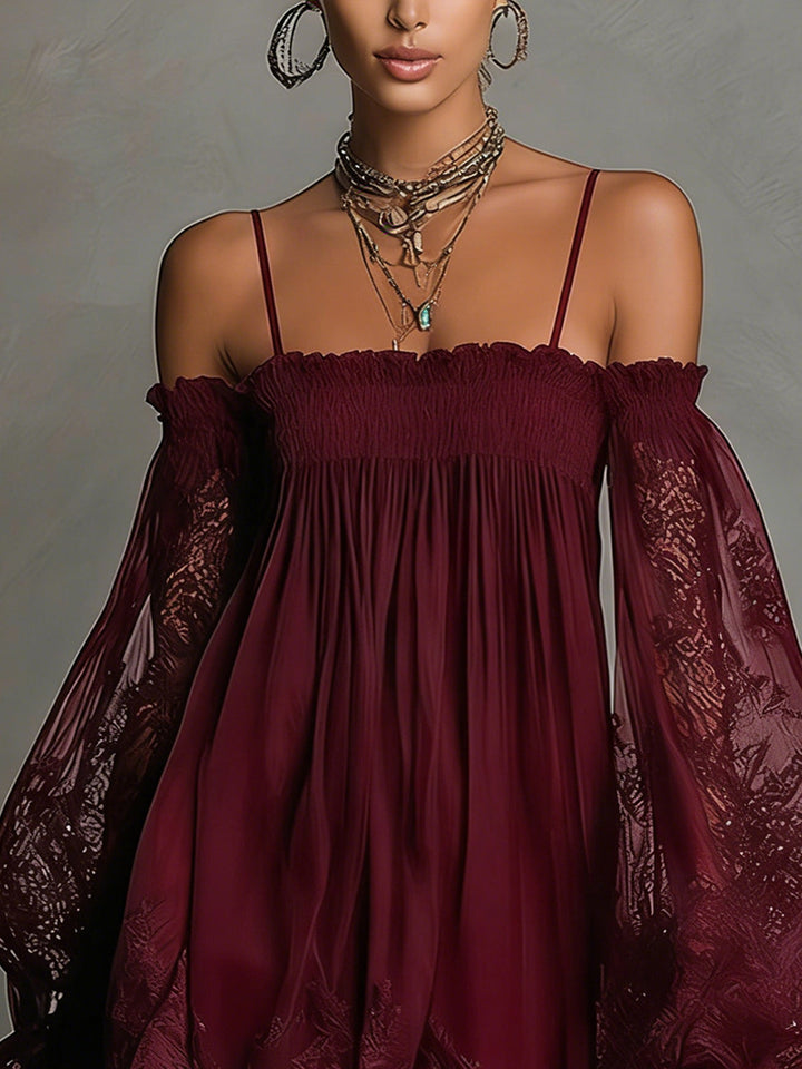 Betty • Navy blue mini dress with off-shoulder neckline, lace trim, and sheer sleeves