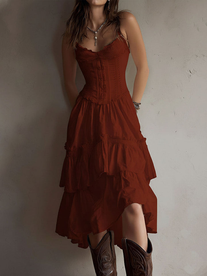 Retro Boho White Corset Tiered Midi Dress With Lace-Trim