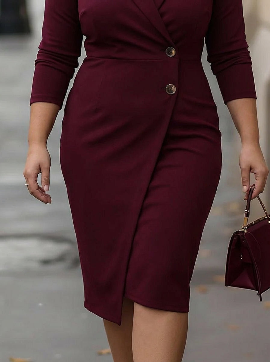 Eva | Burgundy Wrap-Style Buttoned Midi Dress