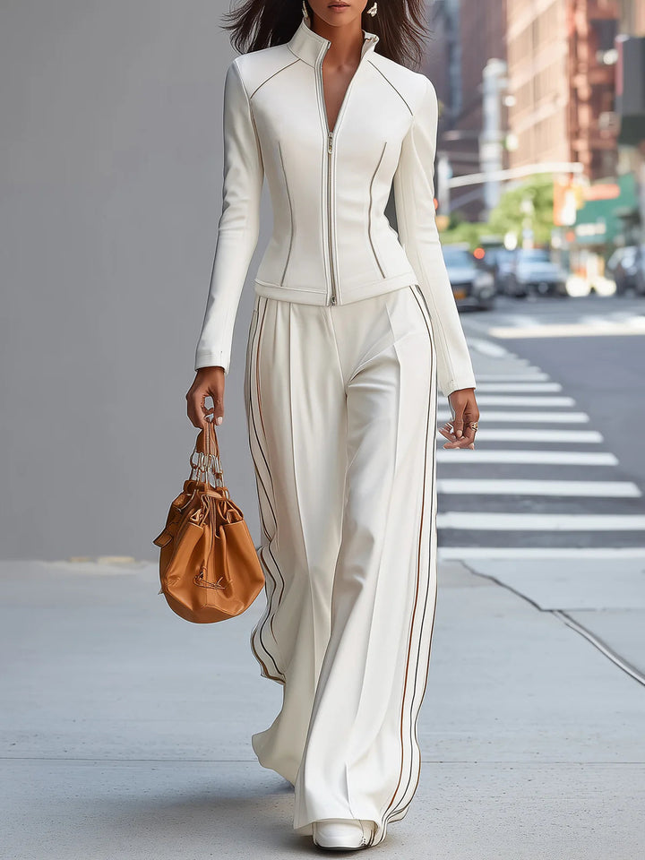 White Stand-Up Collar Zip-Up Wide Pant Set