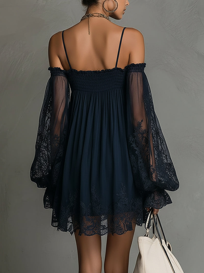 Betty • Navy blue mini dress with off-shoulder neckline, lace trim, and sheer sleeves