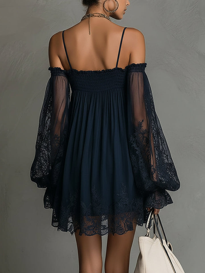Betty • Navy blue mini dress with off-shoulder neckline, lace trim, and sheer sleeves