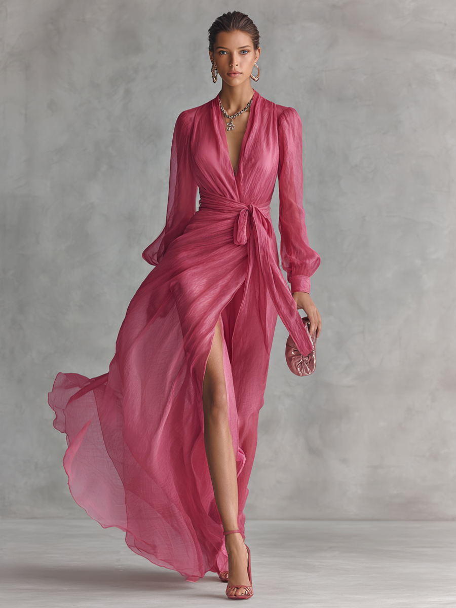 Elegant long pink dress with pearls and V-neck for women
