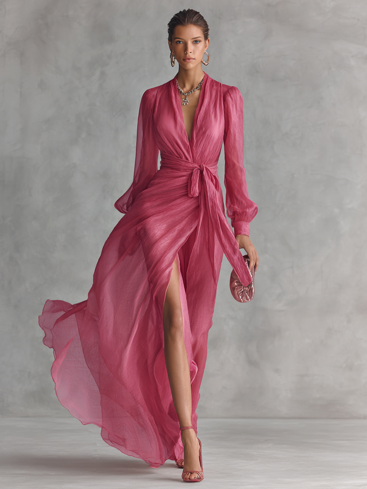 Elegant long pink dress with pearls and V-neck for women