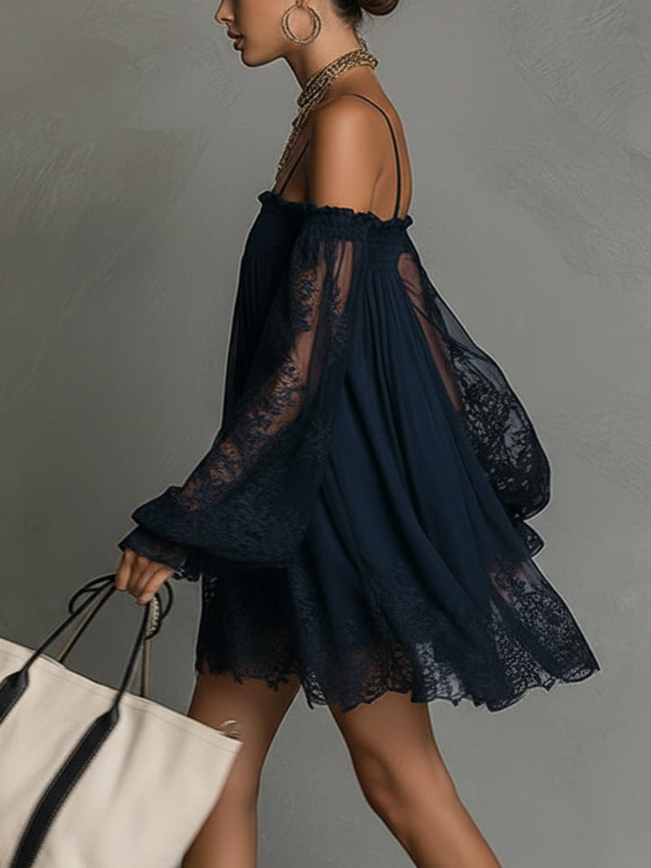 Betty • Navy blue mini dress with off-shoulder neckline, lace trim, and sheer sleeves