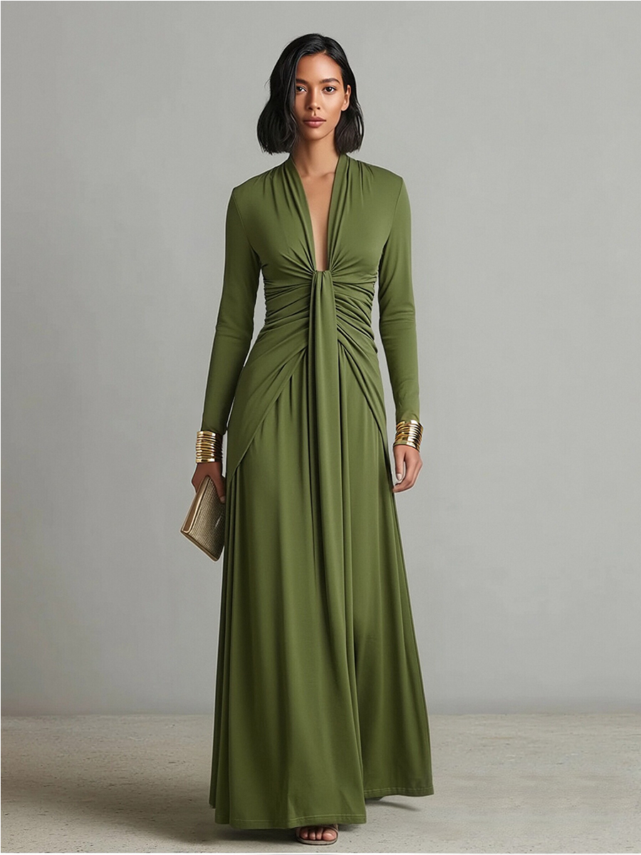 Olive Green Long Silk Stretch Dress with Deep V-Neck and Ruffled Details, Glamour Maxi Dress