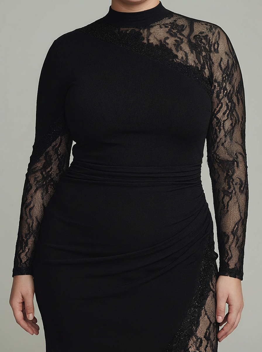 Paisley | Black Turtleneck Lace Asymmetrical Tulle Long Sleeve Mini Dress