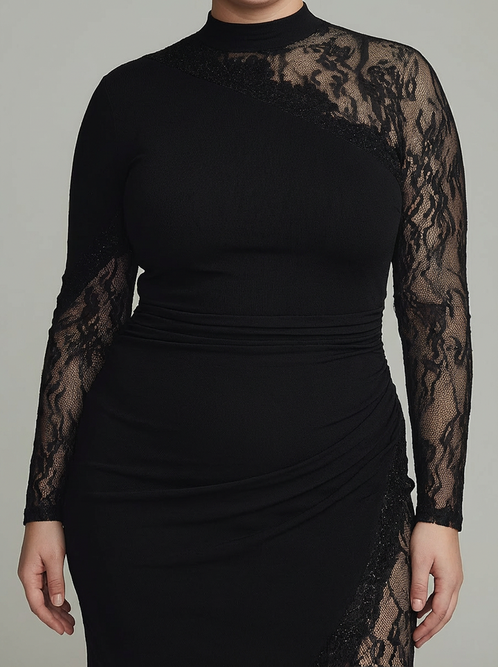 Paisley | Black Turtleneck Lace Asymmetrical Tulle Long Sleeve Mini Dress