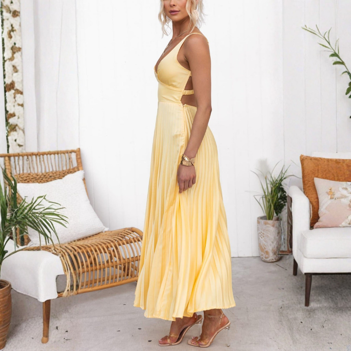 Malka™ | Pleated V-Neck Maxi Dress