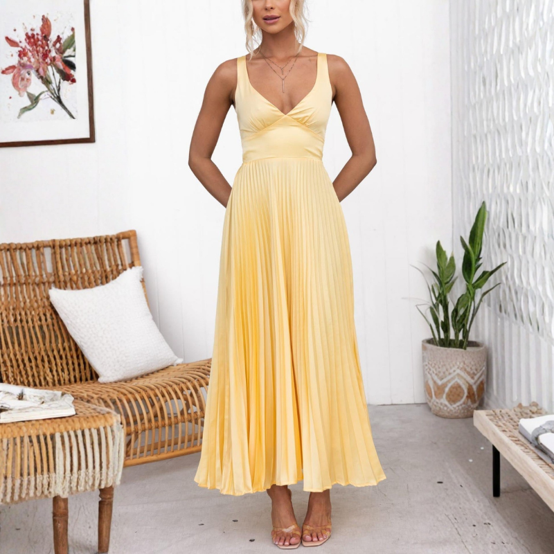 Malka™ | Pleated V-Neck Maxi Dress