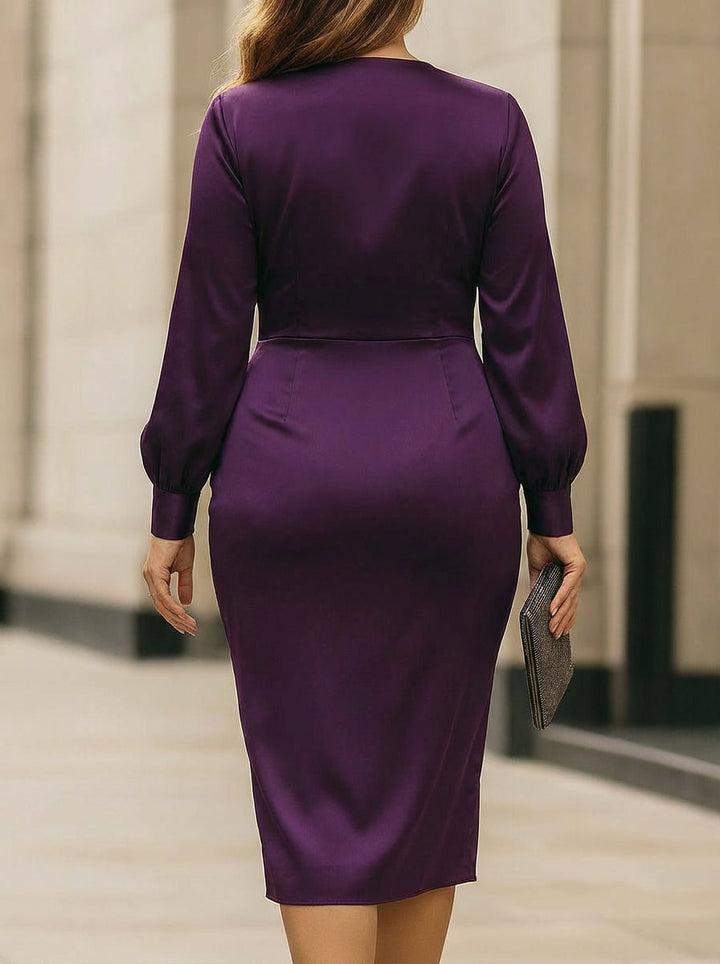 Clara | Deep Plum Satin Wrap Midi Dress