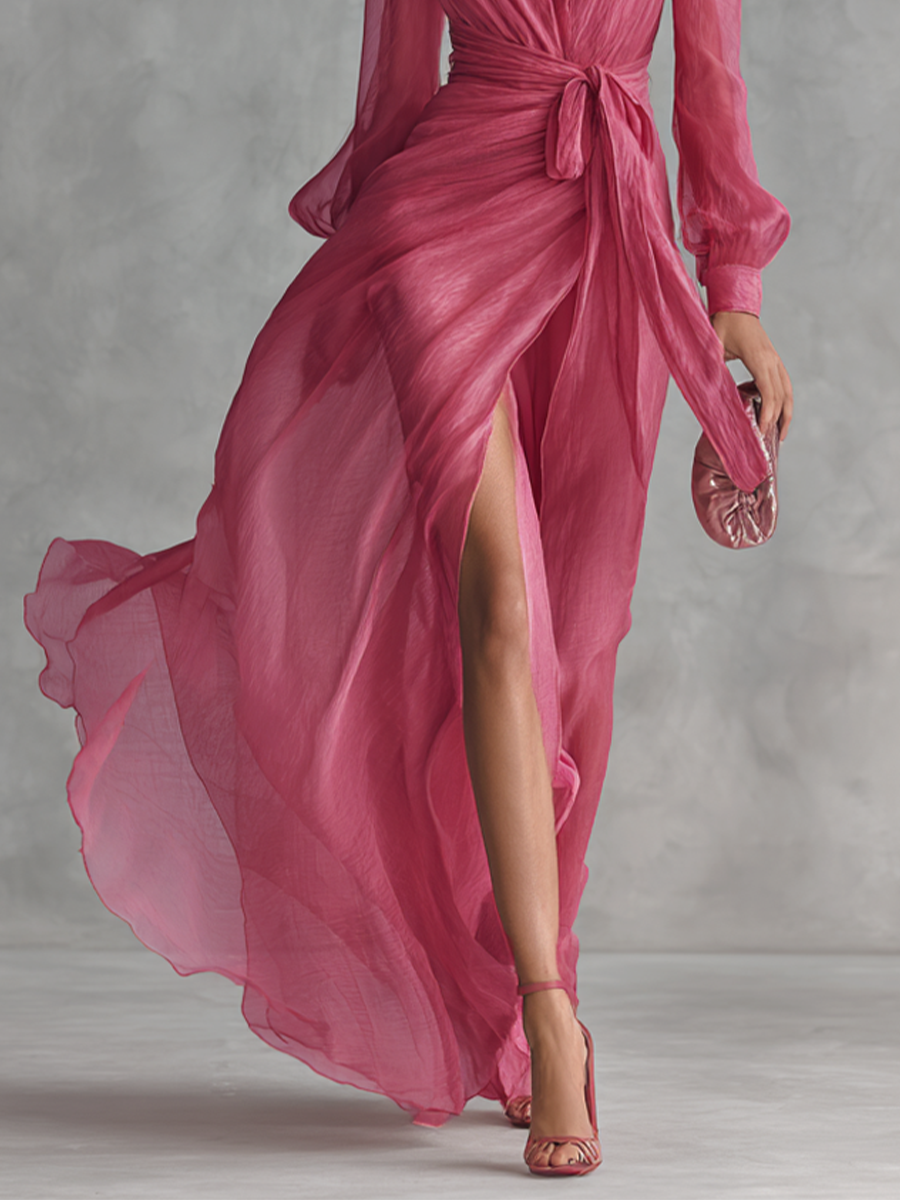 Elegant long pink dress with pearls and V-neck for women
