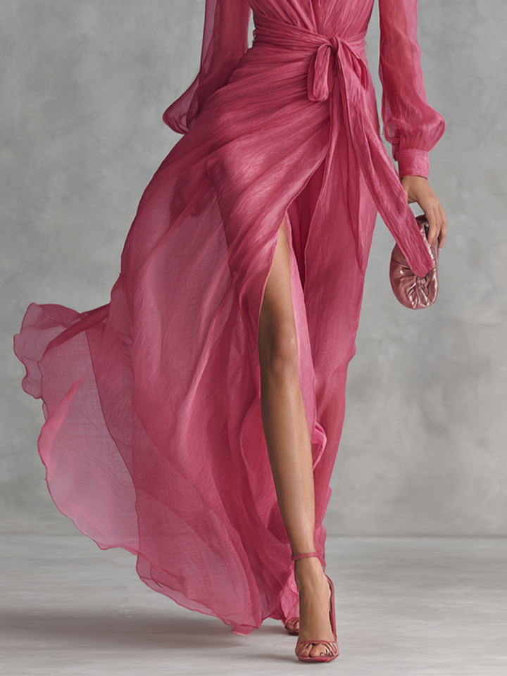Elegant long pink dress with pearls and V-neck for women