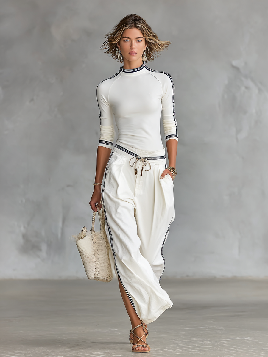 Women's Two-Piece Set: Long Sleeve Sports T-Shirt with Mock Neck and Wide Pants with Drawstring