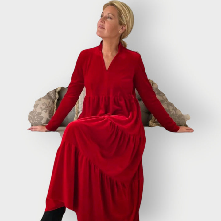 Manerea - Red Velvet Tiered Dress