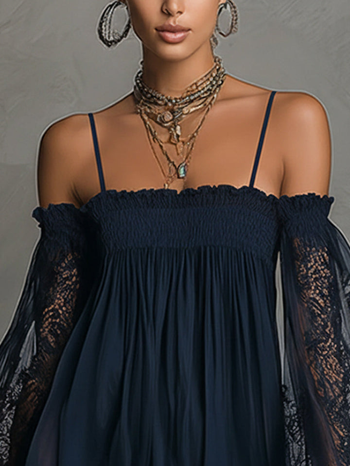 Betty • Navy blue mini dress with off-shoulder neckline, lace trim, and sheer sleeves