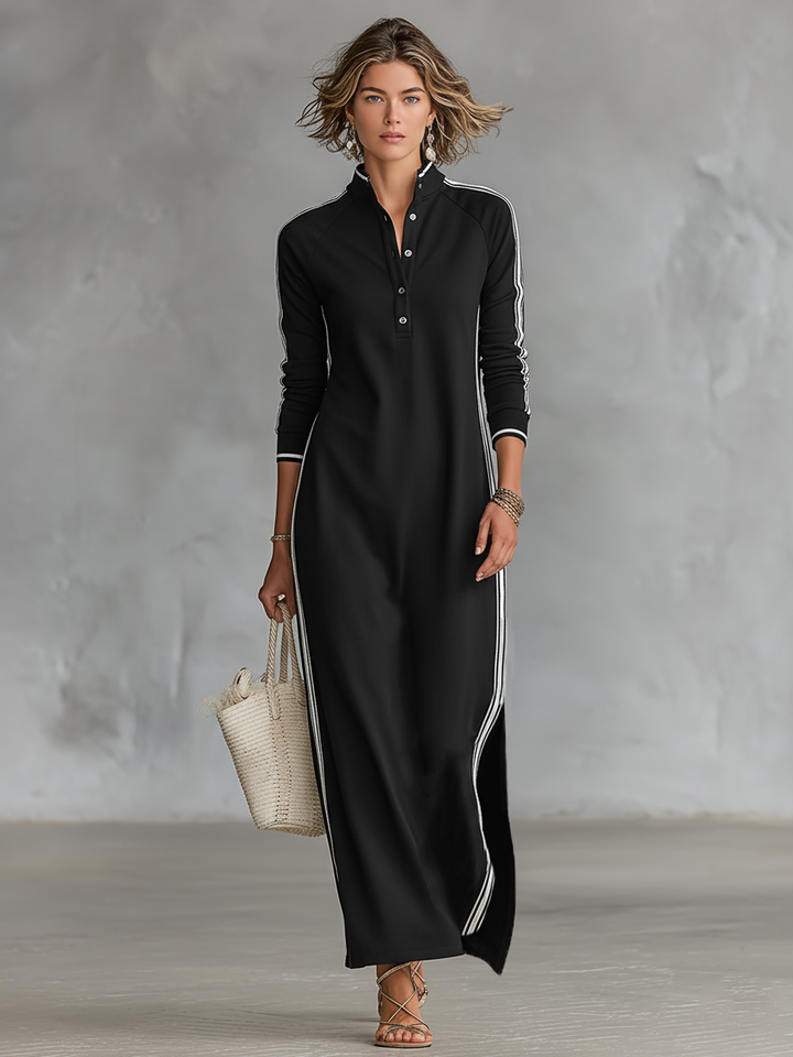 Maxi Dress Women's Sweatshirt with Button-Down Collar and White Trim