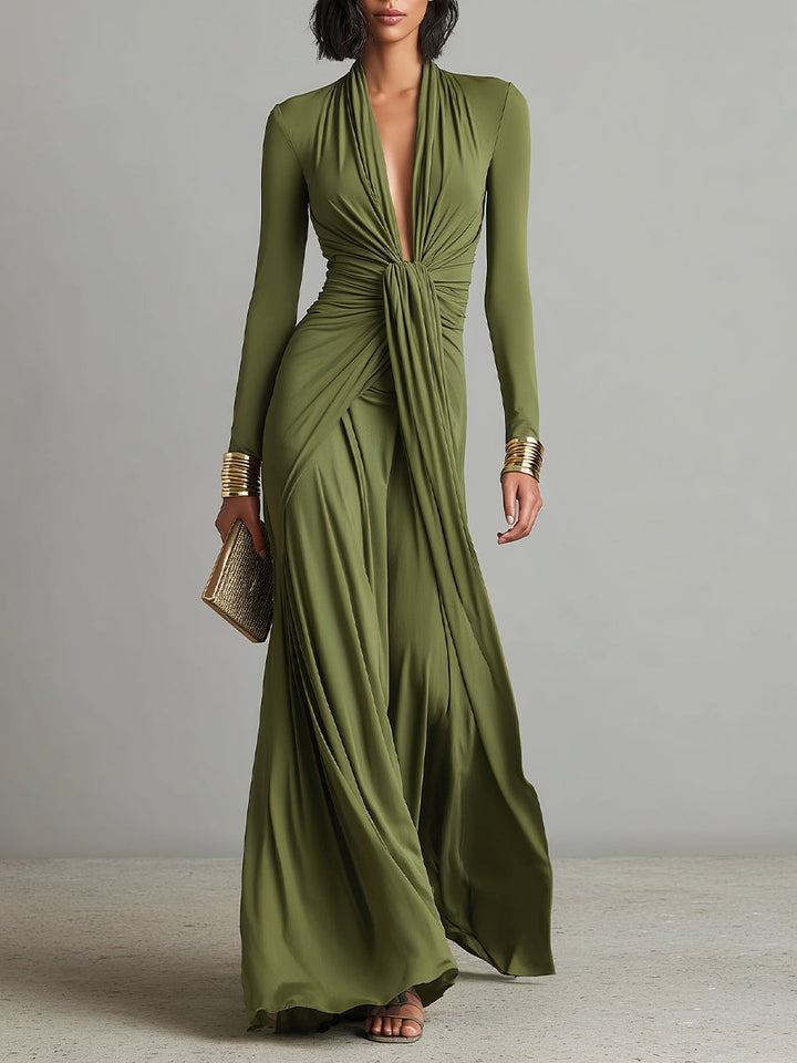 Olive Green Long Silk Stretch Dress with Deep V-Neck and Ruffled Details, Glamour Maxi Dress