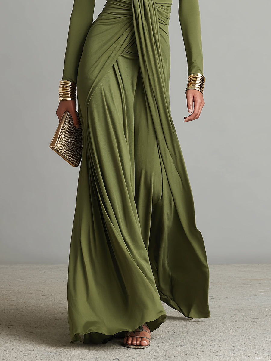 Olive Green Long Silk Stretch Dress with Deep V-Neck and Ruffled Details, Glamour Maxi Dress