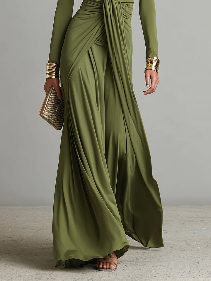 Olive Green Long Silk Stretch Dress with Deep V-Neck and Ruffled Details, Glamour Maxi Dress