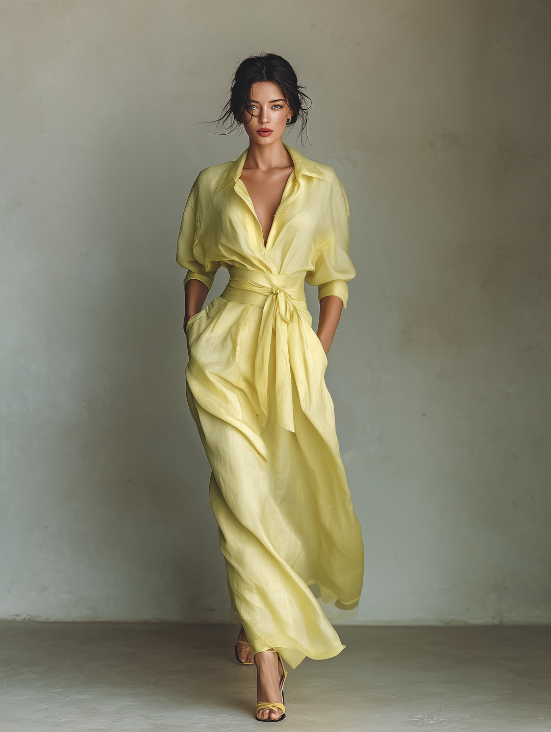 Maxi Shirt Dress for Women in Lemon Yellow with a Tie Belt & Three-Quarter Sleeves