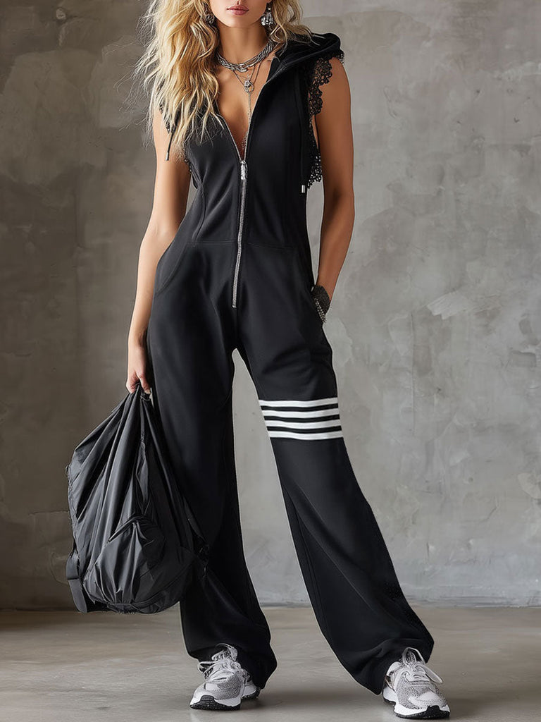 Daniela | Retro sporty jumpsuit with hood and stripes – The Hart