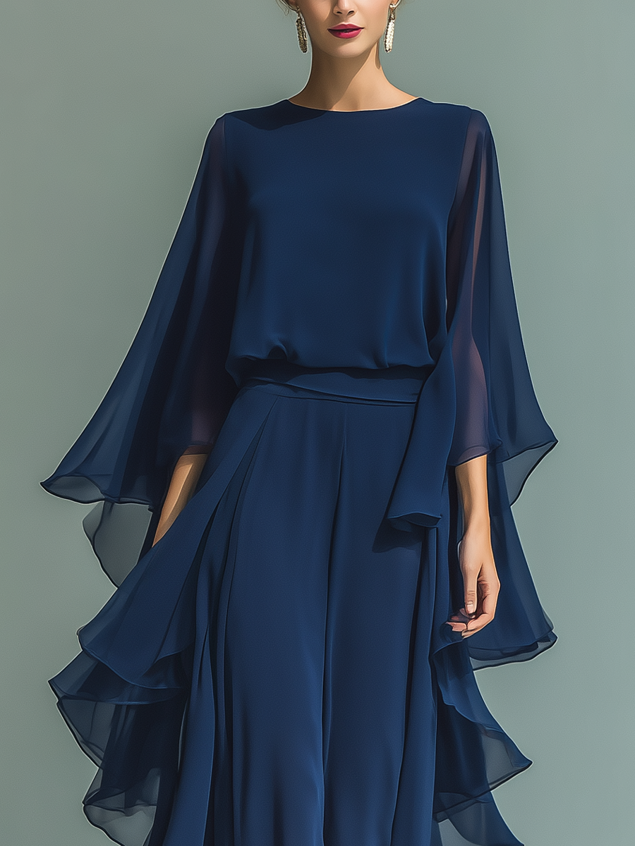 Navy Blue Top Set with Flared Sleeves and Straight-Leg Pants with Ruché Details