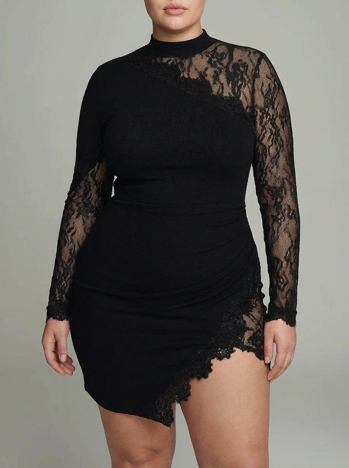 Paisley | Black Turtleneck Lace Asymmetrical Tulle Long Sleeve Mini Dress
