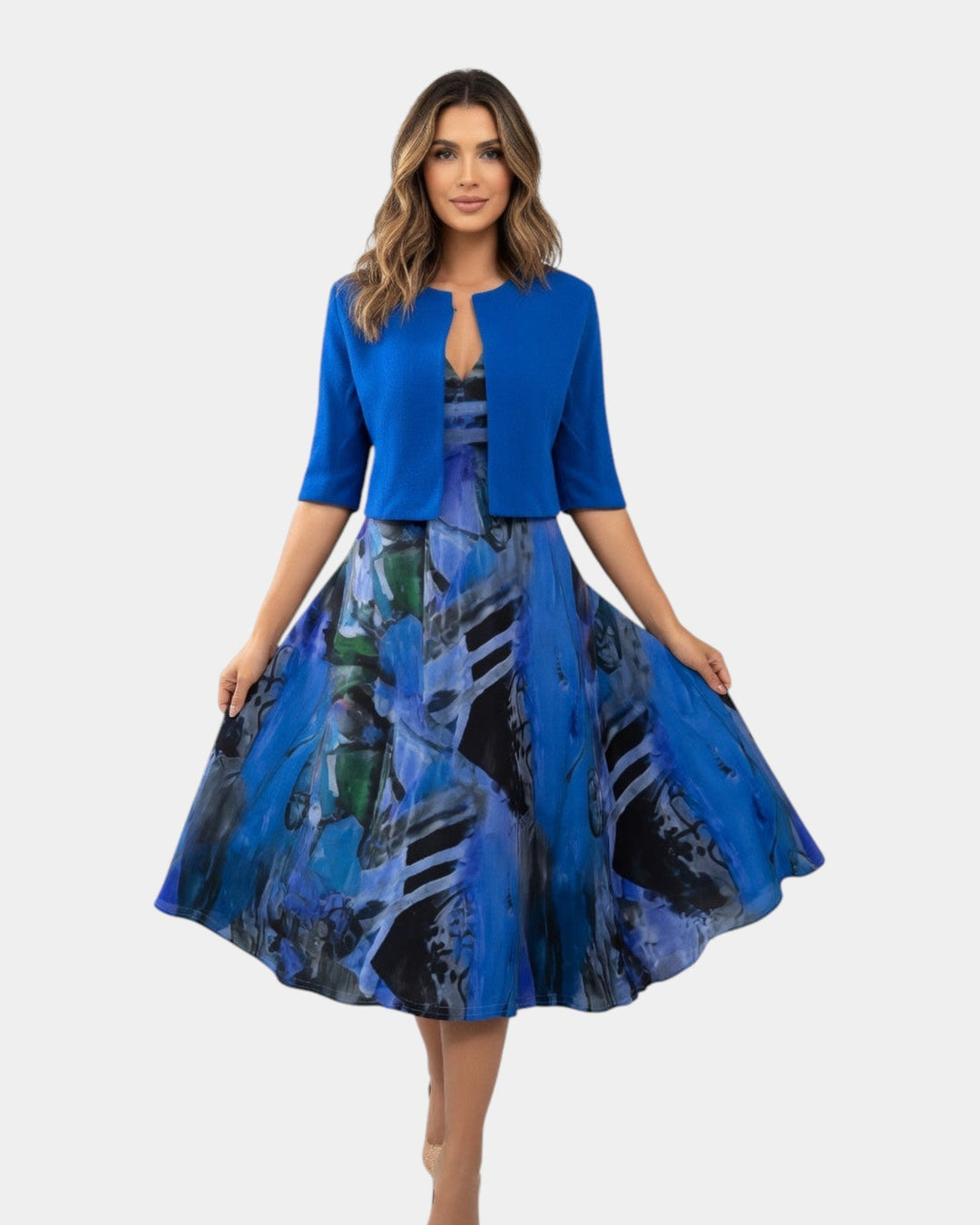 Stacy | Printed Fluid Midi Dress with Matching Jacket