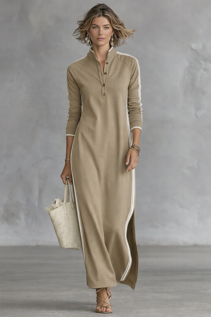 Maxi Dress Women's Sweatshirt with Button-Down Collar and White Trim
