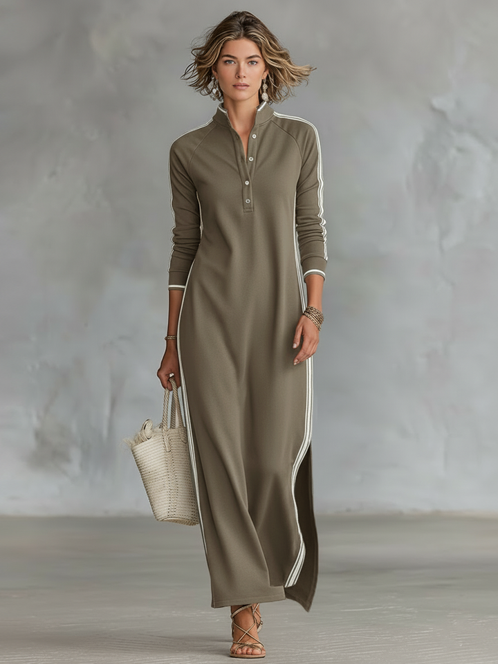 Maxi Dress Women's Sweatshirt with Button-Down Collar and White Trim