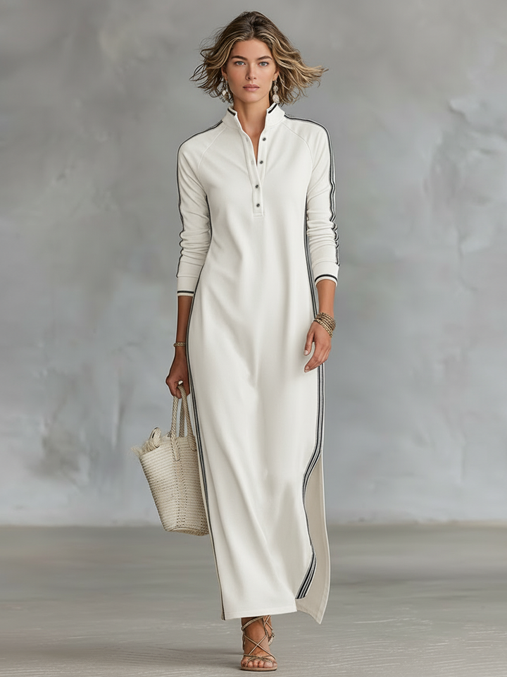 Maxi Dress Women's Sweatshirt with Button-Down Collar and White Trim