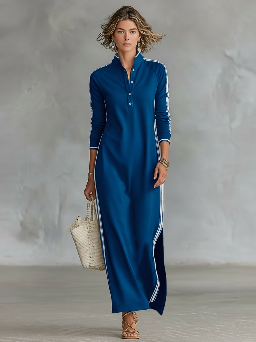Maxi Dress Women's Sweatshirt with Button-Down Collar and White Trim