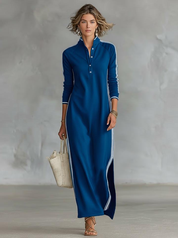 Maxi Dress Women's Sweatshirt with Button-Down Collar and White Trim