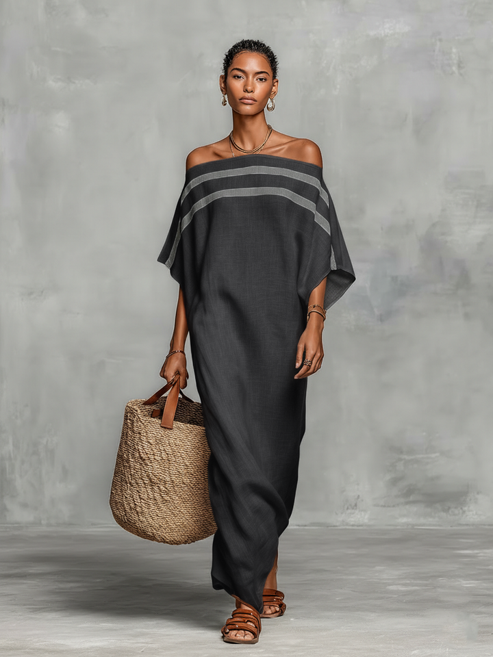 Maxi Minimalist Dress for Women with Off-the-Shoulder Neckline and Batwing Sleeves
