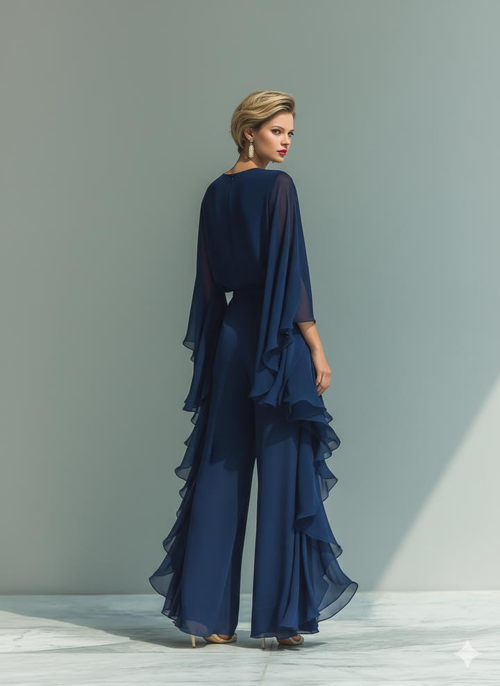 Navy Blue Top Set with Flared Sleeves and Straight-Leg Pants with Ruché Details