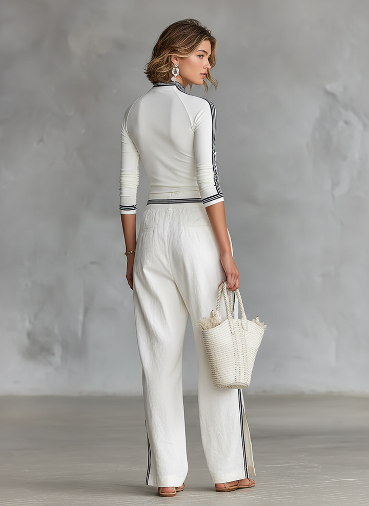 Women's Two-Piece Set: Long Sleeve Sports T-Shirt with Mock Neck and Wide Pants with Drawstring