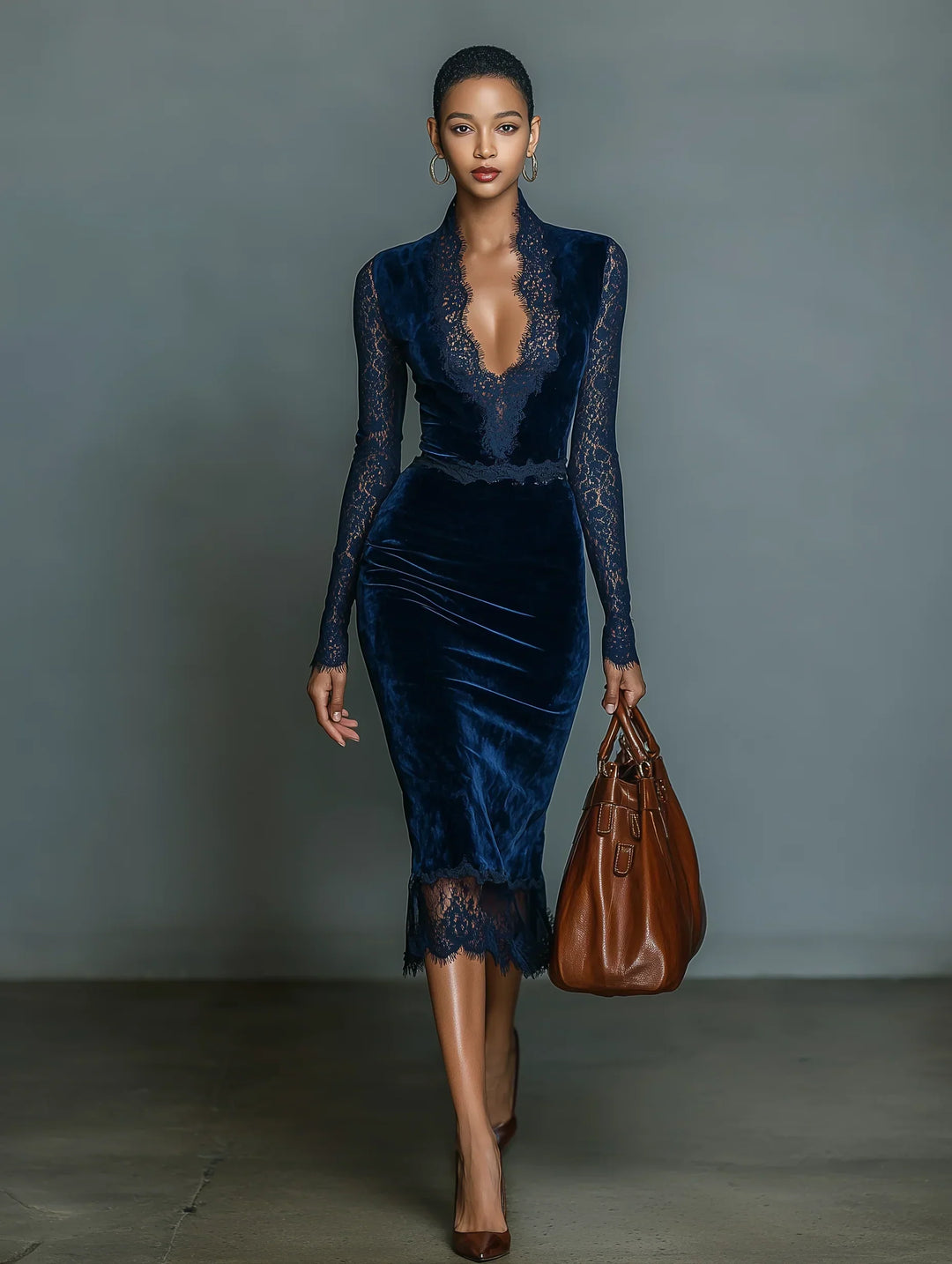 knee length dresses for ladies Elegant and Fashionable Dark Blue Midi Slim-fit V-neck Dress for Women –  The Hart Sisters