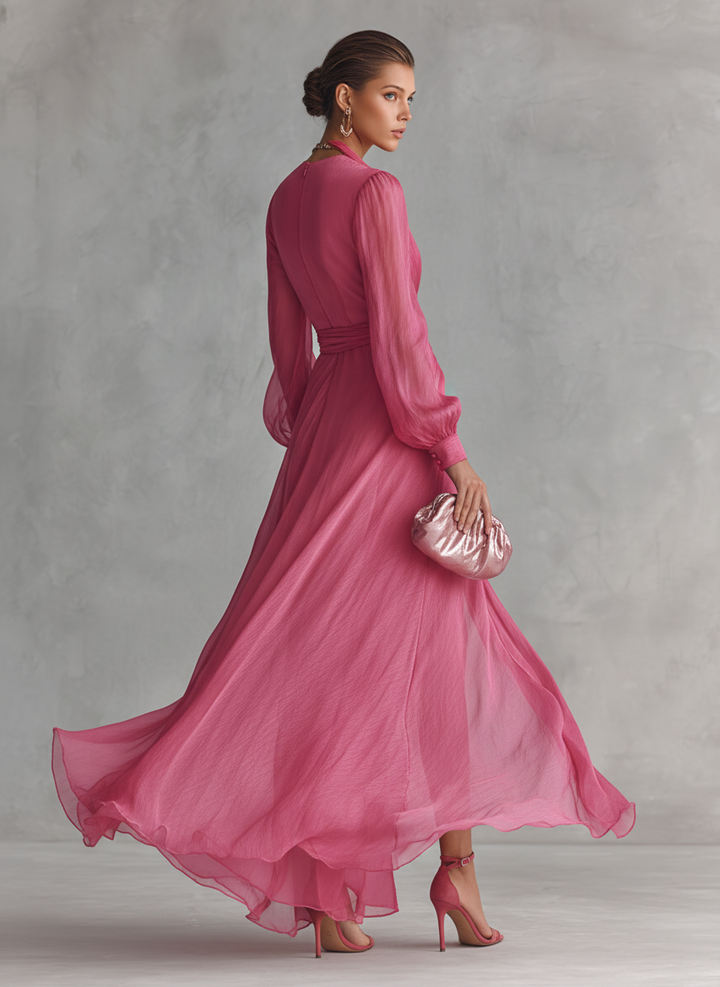 Elegant long pink dress with pearls and V-neck for women