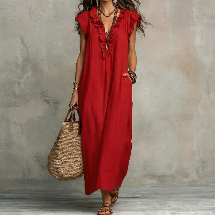 Josefina™ | Long linen-textured dress with V-neck and ruffles