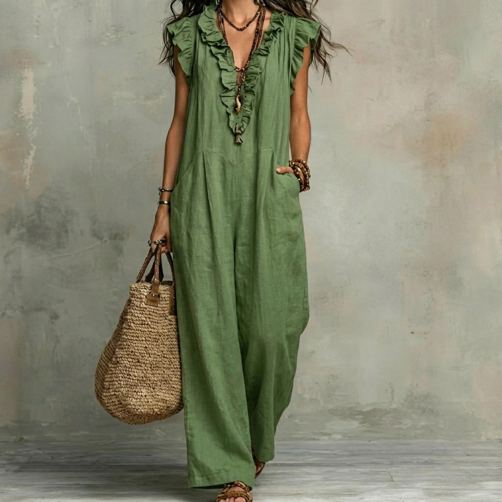 Josefina™ | Long linen-textured dress with V-neck and ruffles