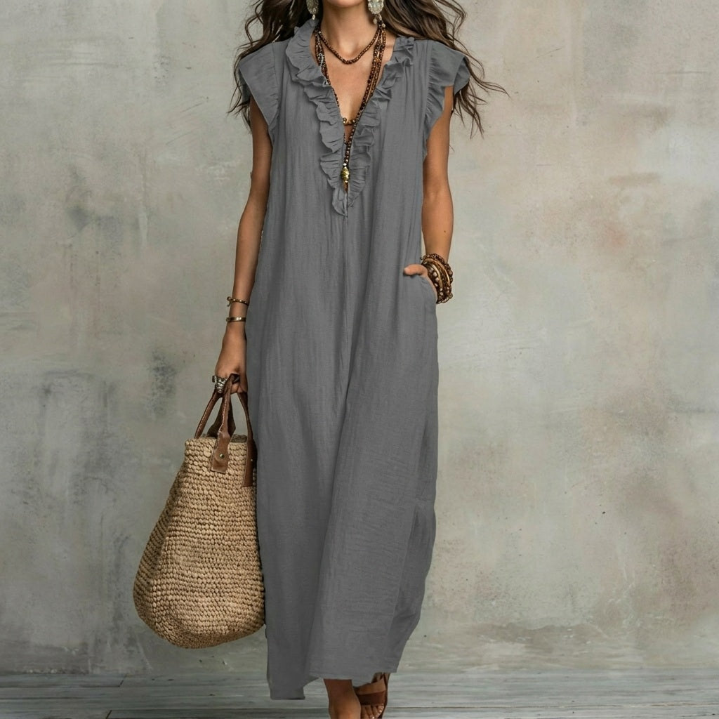 Josefina™ | Long linen-textured dress with V-neck and ruffles