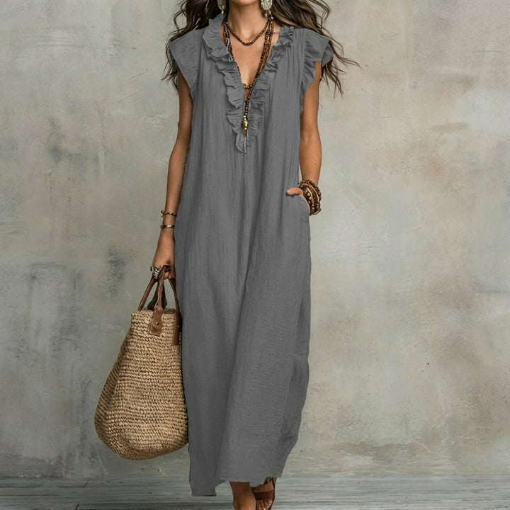 Josefina™ | Long linen-textured dress with V-neck and ruffles
