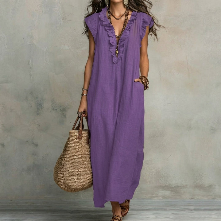 Josefina™ | Long linen-textured dress with V-neck and ruffles