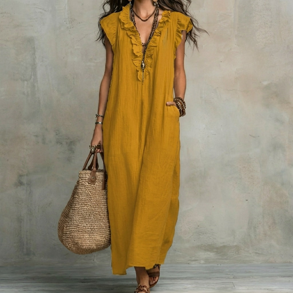 Josefina™ | Long linen-textured dress with V-neck and ruffles