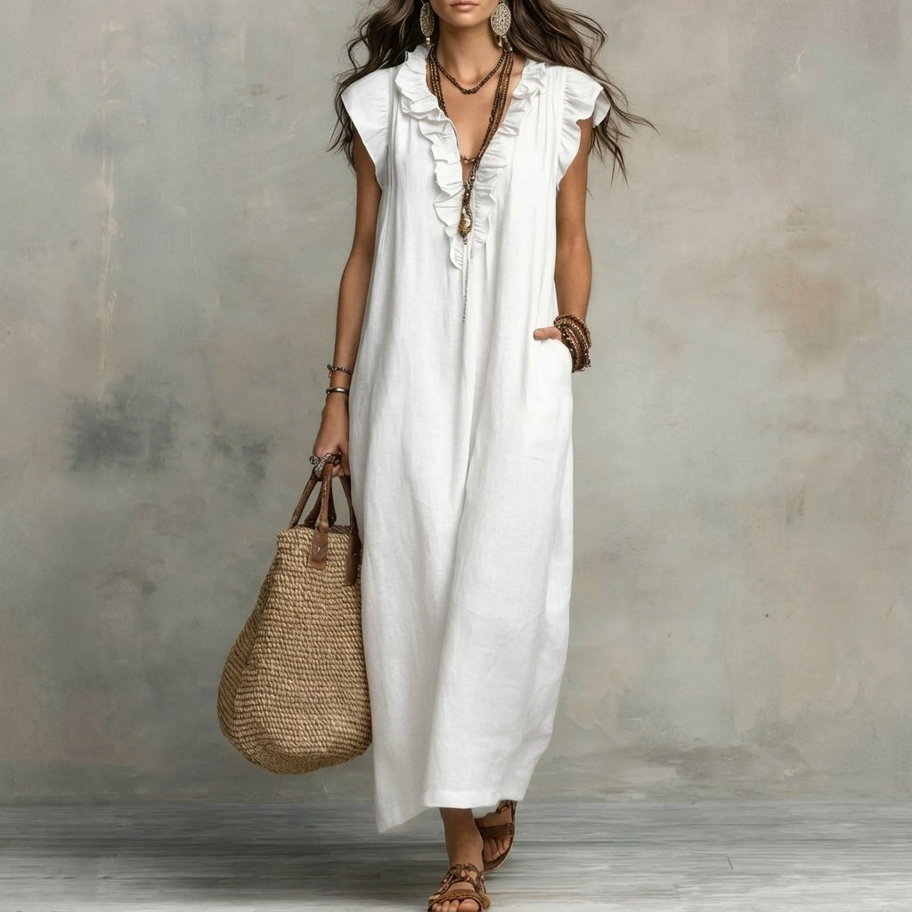 Josefina™ | Long linen-textured dress with V-neck and ruffles