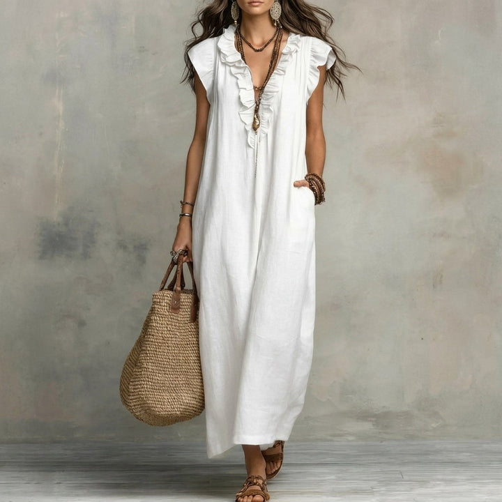 Josefina™ | Long linen-textured dress with V-neck and ruffles