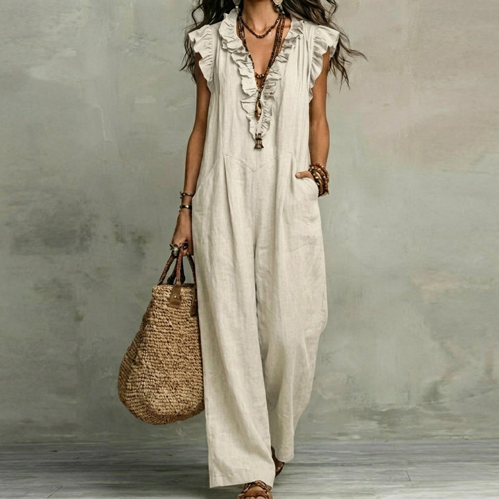 Josefina™ | Long linen-textured dress with V-neck and ruffles