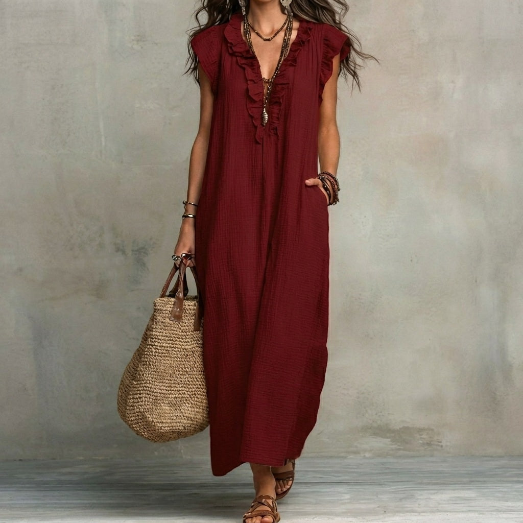 Josefina™ | Long linen-textured dress with V-neck and ruffles
